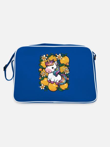 Kawaii Unicorn with Oranges and Daffodils - Retro Bag - blue/white - Back