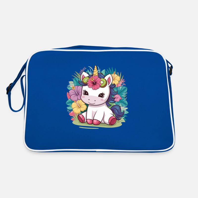 Cartoon Kawaii Einhorn mit Kiwi und Hibiskus Retro Tasche