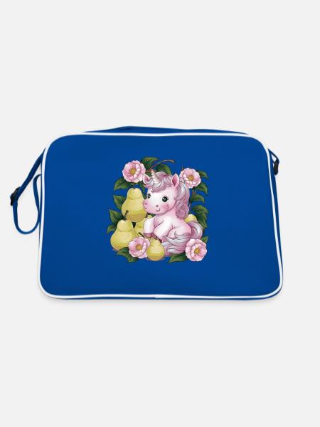 Licorne Kawaii avec Poires & Fleurs - Sac Retro - bleu/blanc - Dos
