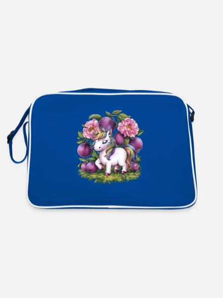 Licorne Kawaii avec des prunes et des fleurs - Sac Retro - bleu/blanc - Dos