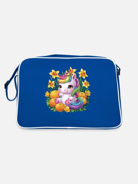 Kawaii Unicorn with Oranges and Daffodils - Retro Bag - blue/white - Back