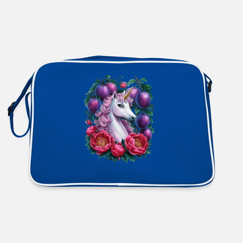 Kawaii Unicorn with Plums and Flowers Retro Bag