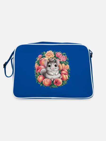 Cartoon Kawaii Chinchilla with Roses and Peach - Retro Bag - blue/white - Back