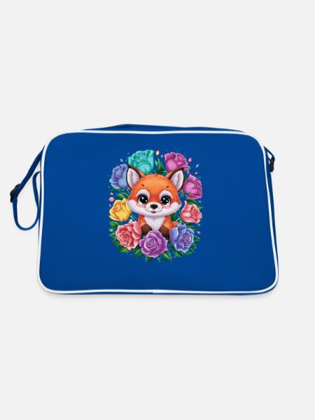 Cartoon kawaii fox with colorful roses. - Retro Bag - blue/white - Back