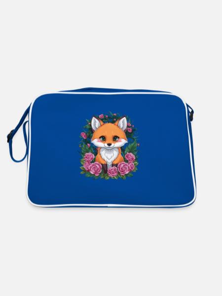 Cartoon kawaii fox with colorful roses. - Retro Bag - blue/white - Back