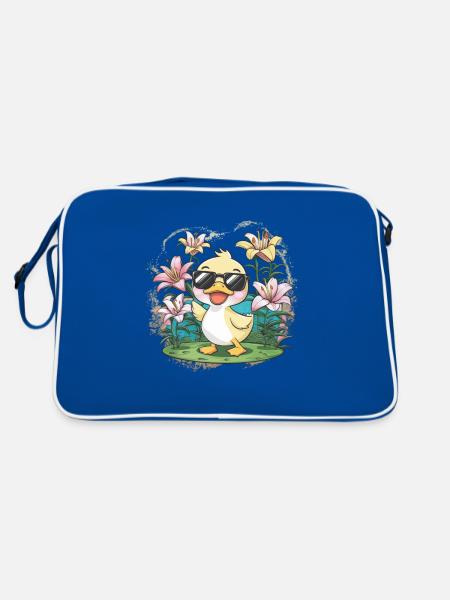 Kawaii ducklings with colorful lilies - Retro Bag - blue/white - Back