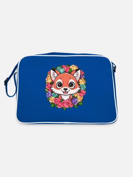 Cartoon Kawaii Fuchs mit farbenfrohen Rosen. - Retro Tasche - Blau/Weiß - Hinten