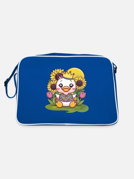 Kawaii duck with crown, tulips and sunflowers - Retro Bag - blue/white - Back