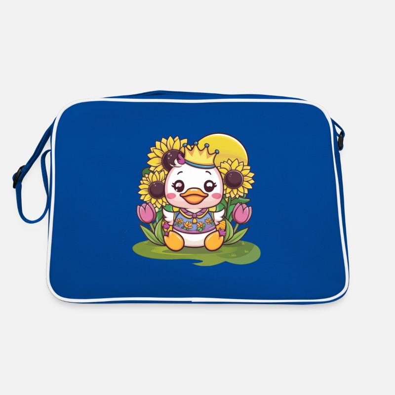 Canard kawaii avec couronne, tulipes et tournesols Sac Retro