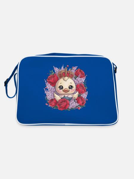 Kawaii ducklings with crown, roses and lilacs. - Retro Bag - blue/white - Back