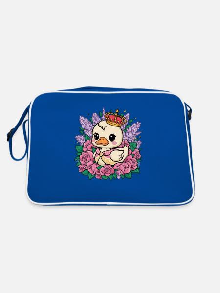 Kawaii ducklings with crown, roses and lilacs. - Retro Bag - blue/white - Back