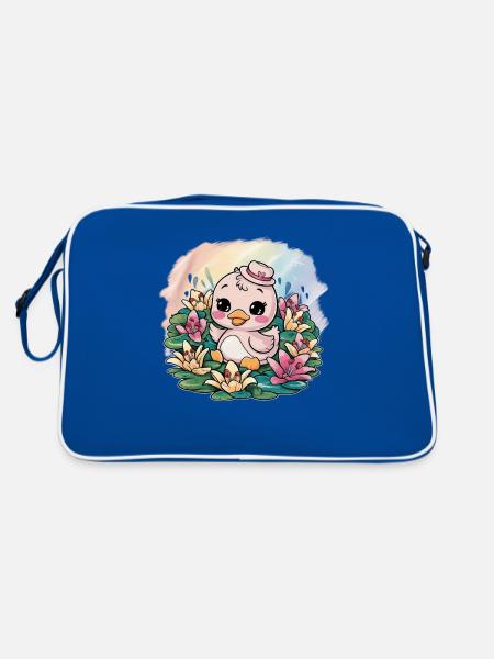 Kawaii ducklings with colorful lilies - Retro Bag - blue/white - Back