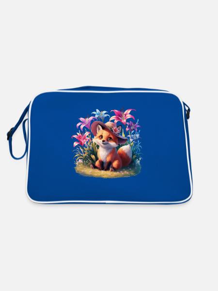 Cartoon kawaii fox with colorful lilies - Retro Bag - blue/white - Back