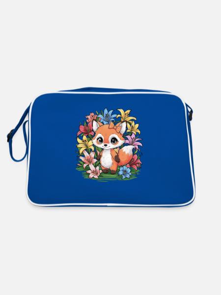 Cartoon kawaii fox with colorful lilies - Retro Bag - blue/white - Back