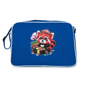 Roter Kawaii Panda mit Lunch Box - Retro Tasche - Blau/Weiß - Hinten