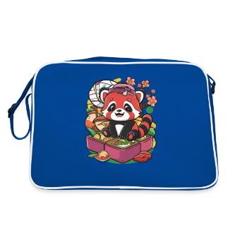 Roter Kawaii Panda mit Lunch Box - Retro Tasche - Blau/Weiß - Hinten