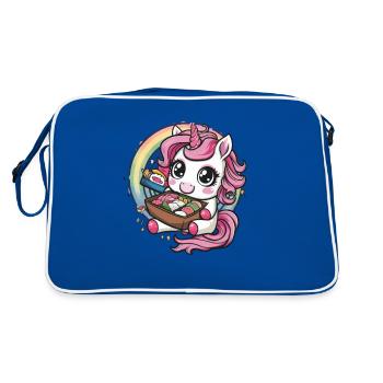 Knuddeliges Kawaii Einhorn mit Lunch Box - Retro Tasche - Blau/Weiß - Hinten