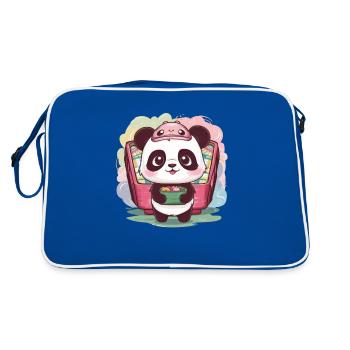 Roter Kawaii Panda mit Lunch Box - Retro Tasche - Blau/Weiß - Hinten