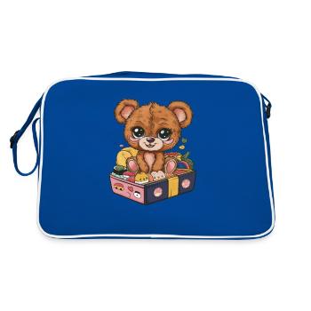Kawaii Teddybär mit farbenfroher Lunch Box - Retro Tasche - Blau/Weiß - Hinten