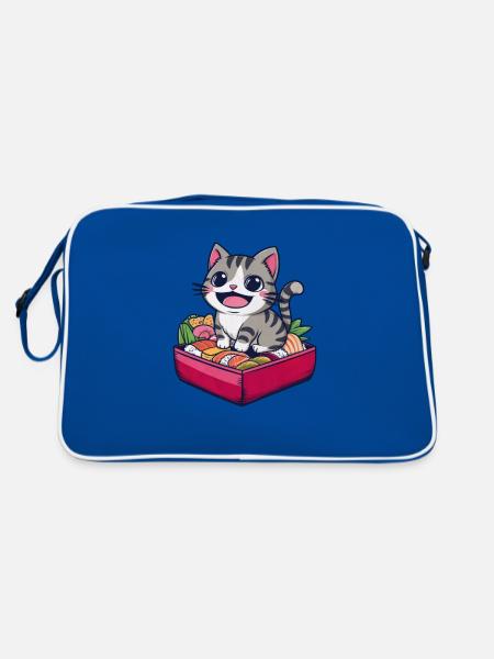 Chat Kawaii de dessin animé avec belle boîte à lunch - Sac Retro - bleu/blanc - Dos