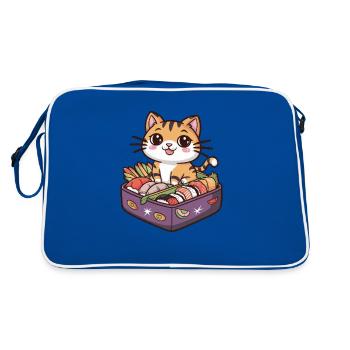 Cartoon Kawaii Katze mit schöner Lunch Box - Retro Tasche - Blau/Weiß - Hinten