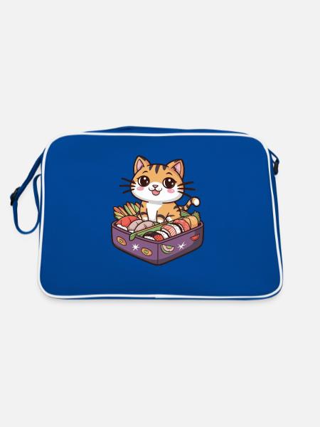 Chat Kawaii de dessin animé avec belle boîte à lunch - Sac Retro - bleu/blanc - Dos