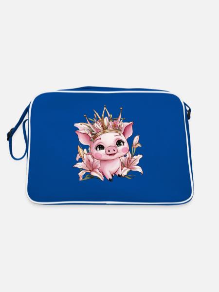 Pig with crown and lilies - Retro Bag - blue/white - Back