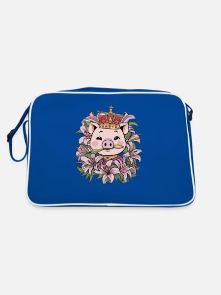 Pig with crown and lilies - Retro Bag - blue/white - Back