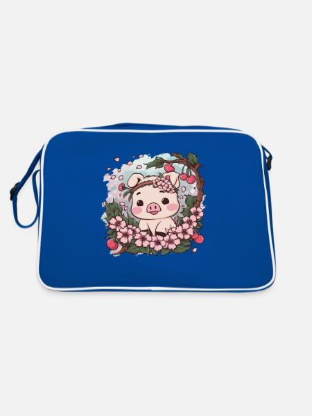 Süßes Kawai Schwein mit Sakura Kirschblüten - Retro Tasche - Blau/Weiß - Hinten