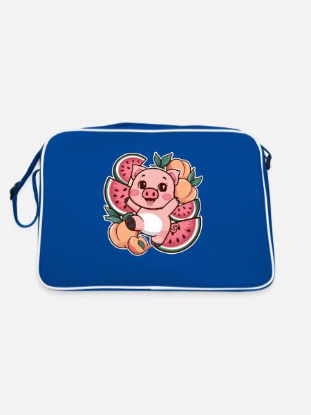 Kawaii Pig with Peaches and Watermelon - Retro Bag - blue/white - Back