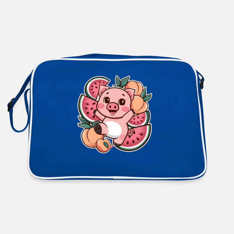 Kawaii Schwein mit Pfirsichen und Wassermelone Retro Tasche