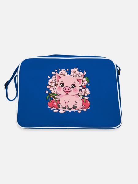 Süßes Kawai Schwein mit Sakura Kirschblüten - Retro Tasche - Blau/Weiß - Hinten
