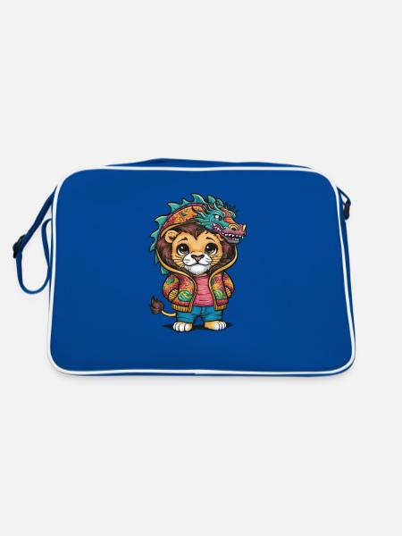 Joli lion kawaii de dessin animé avec tenue de dragon. - Sac Retro - bleu/blanc - Dos