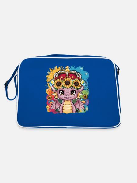 Kawaii Cartoon Drache mit Krone - Retro Tasche - Blau/Weiß - Hinten
