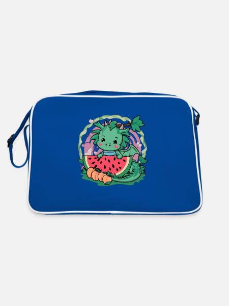 Kawaii Dragon with Peaches and Watermelon - Retro Bag - blue/white - Back