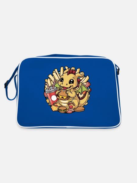 Drache mit Soft Drink, French Frites und Burger - Retro Tasche - Blau/Weiß - Hinten