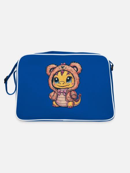 Süßer Cartoon Kawaii Drache im Einhorn Outfit. - Retro Tasche - Blau/Weiß - Hinten