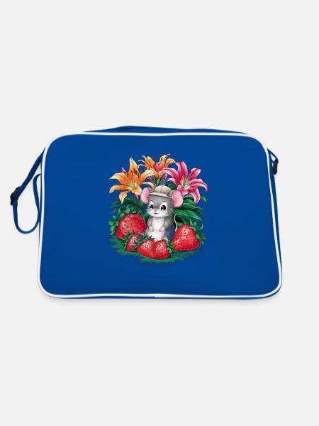Kawaii Mouse with Strawberries & Lillies - Retro Bag - blue/white - Back