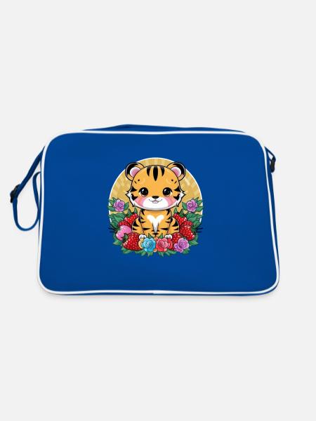 Tigre Kawaii avec Fraises et Roses - Sac Retro - bleu/blanc - Dos