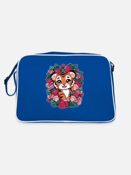 Tigre Kawaii avec Fraises et Roses - Sac Retro - bleu/blanc - Dos