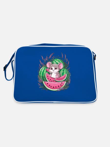 Cute Kawaii Mouse with Melon and Lavender - Retro Bag - blue/white - Back