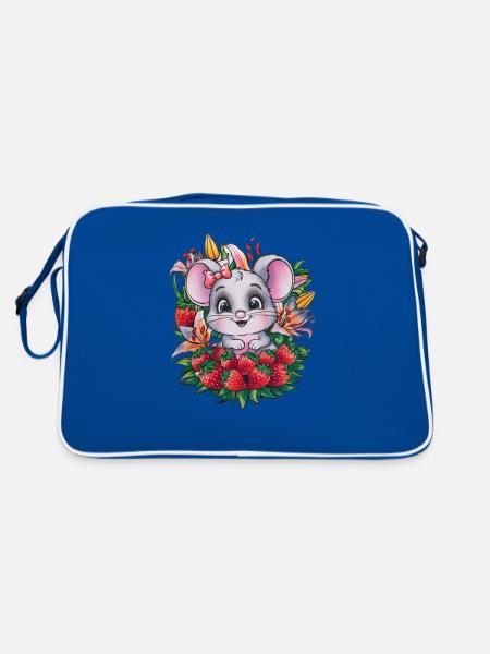 Kawaii Mouse with Strawberries & Lillies - Retro Bag - blue/white - Back