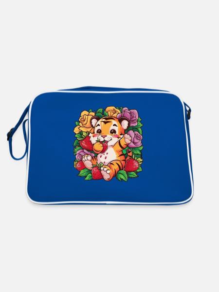 Tigre Kawaii avec Fraises et Roses - Sac Retro - bleu/blanc - Dos
