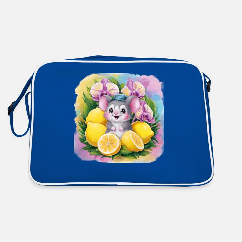 Cartoon kawaii mouse with lemons and orchids. Retro Bag