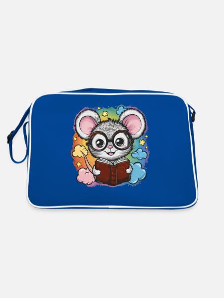 Kawaii Mouse - Mouse with Book and Reading Glasses - Retro Bag - blue/white - Back
