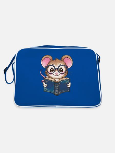 Kawaii Mouse - Mouse with Book and Reading Glasses - Retro Bag - blue/white - Back