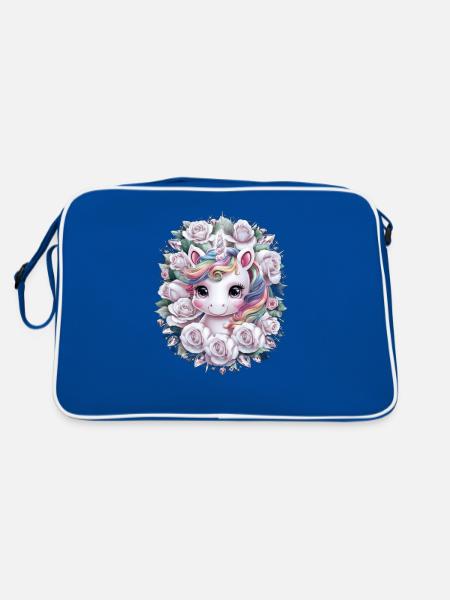 Kawaii Einhorn mit Rosen - Retro Tasche - Blau/Weiß - Hinten