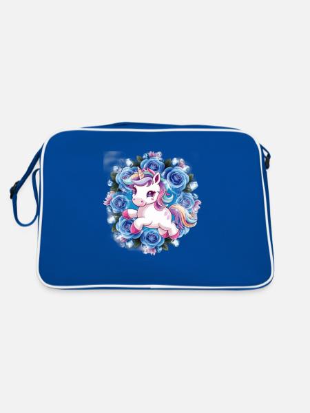 Kawaii Einhorn mit Rosen - Retro Tasche - Blau/Weiß - Hinten