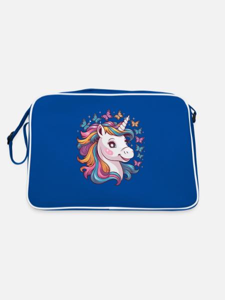 Kawaii Einhorn mit Schmetterlingen - Retro Tasche - Blau/Weiß - Hinten