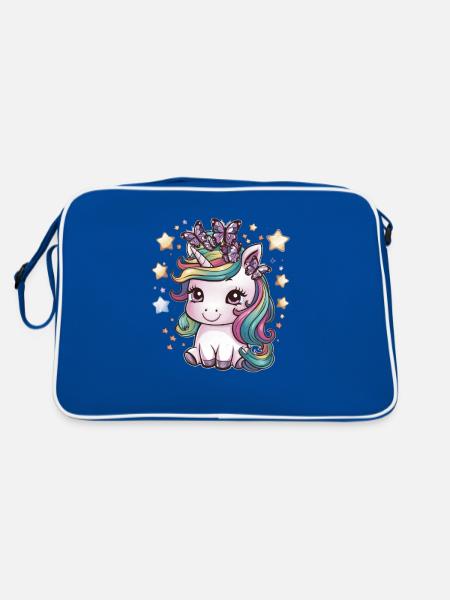 Kawaii Einhorn mit Schmetterlingen - Retro Tasche - Blau/Weiß - Hinten